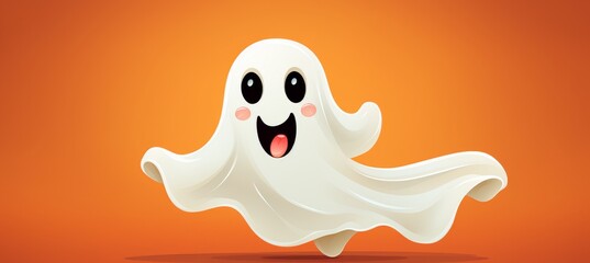 A cheerful cartoon ghost on a vibrant orange background celebrating Halloween festivities