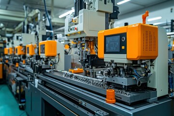 Automated Manufacturing Machine with Conveyor Belt and Orange Components