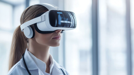 Female doctor wearing virtual reality glasses. Innovative medicine. Female Doctor wearing virtual reality glasses. Medical technology, Health care medicine concept