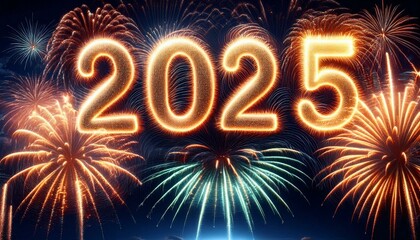 Fototapeta na wymiar Fajerwerki i świetlisty złoty napis 2025 na nocnym niebie. Sylwestrowe tło