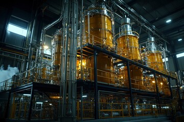 Fototapeta premium Industrial Interior with Large Cylindrical Tanks and Complex Piping Systems