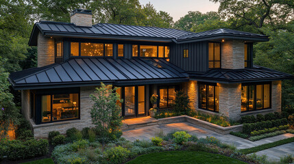 Modern metal roof on a contemporary house, featuring sleek black metal roof panels that complement the modern architecture