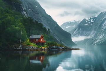 Fototapeta premium Red Cabin in Norwegian Fjord: A picturesque red cabin nestled amidst a breathtaking Norwegian fjord, with towering mountains and a serene lake reflecting the sky. The image evokes tranquility and a se