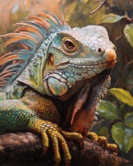 Fototapeta premium Oil painting depicting an iguana showcasing the unique features of this reptilian species