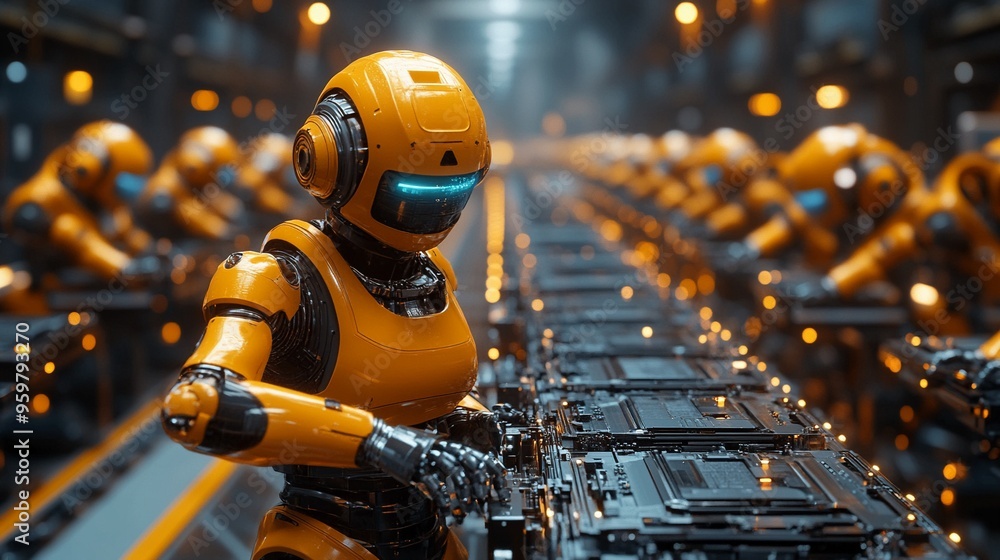 Aufkleber the future of manufacturing: a line of sleek, yellow robots work in unison on an assembly line, show