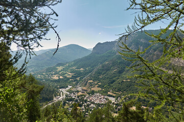 The medieval town of Colmars seen from the Col des Champs in the Mercantour National Park of the...