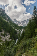 Beautiful views of the mountains and the glacial cirque on the route to the Refuge des Bans, in the Écrins National Park. Alps. France