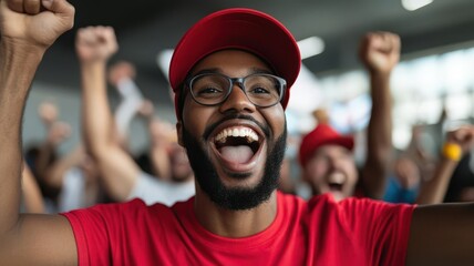 A sports viewing party with fans cheering and celebrating victories
