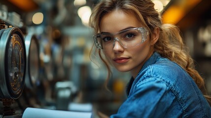 Fototapeta premium The Determined Engineer: A young woman exudes confidence in a blue-collar industrial setting, her focused gaze embodying the strength and resilience of women in STEM. 