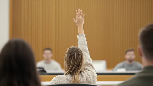 A student raising a hand to answer a question in class, active participation