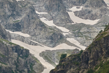Beautiful views of the mountains and the glacial cirque on the route to the Refuge des Bans, in the Écrins National Park. Alps. France