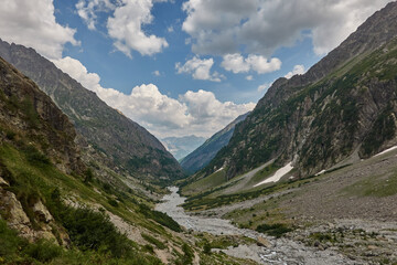Beautiful views of the mountains and the glacial cirque on the route to the Refuge des Bans, in the...
