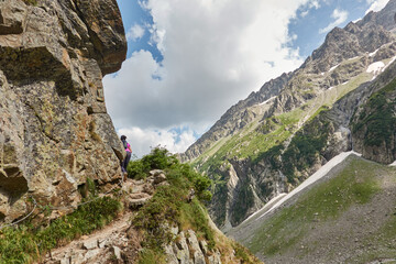 Beautiful views of the mountains and the glacial cirque on the route to the Refuge des Bans, in the Écrins National Park. Alps. France