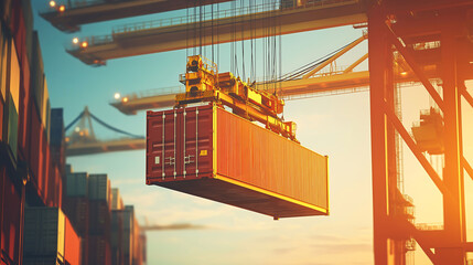 Container loading in a Cargo freight ship with industrial crane. Container ship in import and export business logistic company. Industry and Transportation concept