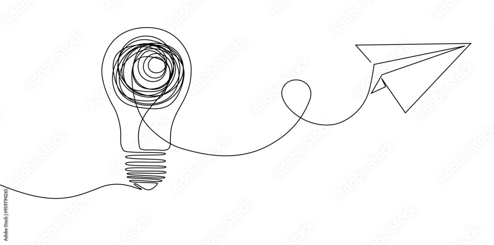 Wall mural continuous single line sketch drawing of light bulb and paper plane. one line art of startup busines