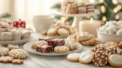A table filled with homemade Christmas treats, cookies, fudge, and candies