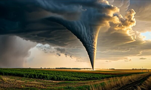 A destructive tornado tearing through a suburban neighborhood, causing fires, debris, and destruction. The powerful storm dominates the chaotic scene. Generative Ai