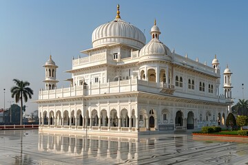 Majestic White Temple Surrounded by Lush Greenery and Clear Skies