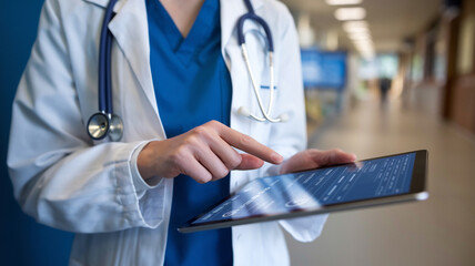 Doctor using a digital tablet to access medical records in a hospital corridor, emphasizing technology in healthcare.