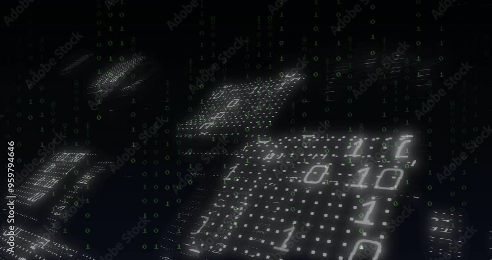 Poster Binary code animation over dark background with floating numbers