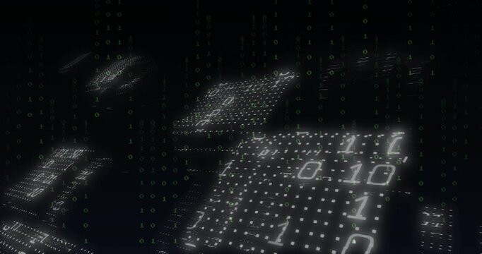 Binary code animation over dark background with floating numbers