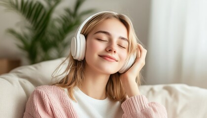 Naklejka premium Young Woman Enjoying Music with Headphones.