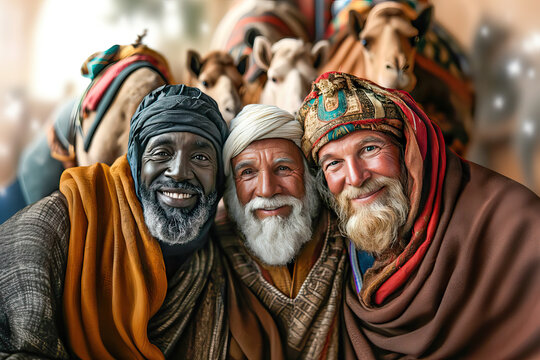 Portrait of the three wise men looking at the camera