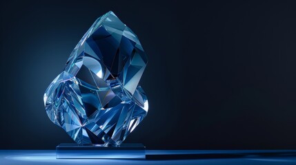 elegant blue diamond-shaped crystal trophy in abstract style, illuminated by soft light against a dark background, emphasizing three-dimensionality, beauty, and sophistication in minimalist design