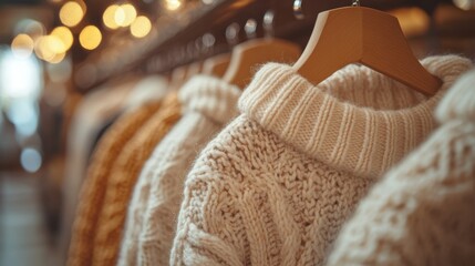 A chic clothing store display with warm, neutral-colored sweaters on hangers, showcased in a premium department store environment