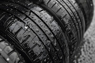 Close-Up of Wet Tires with Water Droplets on Tread Patterns