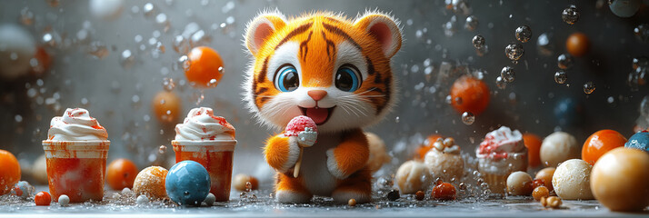 Sweet Tiger Enjoying Ice Cream in Candy Wonderland, Pop Art Style, Bright Colors, Whimsical and Joyful Setting with Playful Patterns