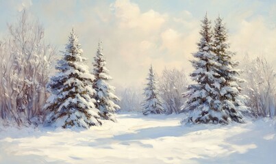 Fototapeta premium Oil painting depicting a winter scene featuring snow covered fir trees in the foreground and a serene landscape blanketed in snow