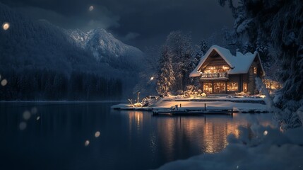 Fototapeta premium Lake house on a winter night, with a cozy, tranquil atmosphere