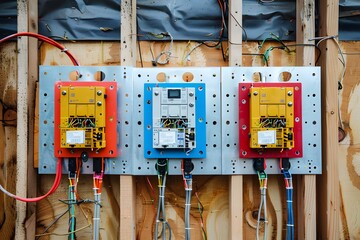 Colorful Electrical Panels Mounted on a Wooden Wall