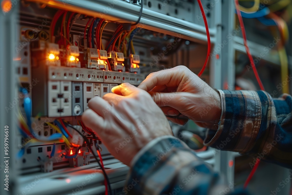 Poster hands working on electrical control panel with illuminated indicators