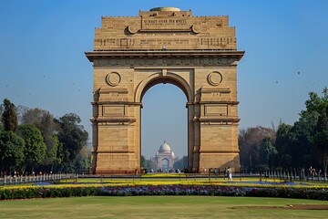 Obraz premium Iconic View of India Gate Framed by Lush Gardens and the Taj Mahal in the Distance