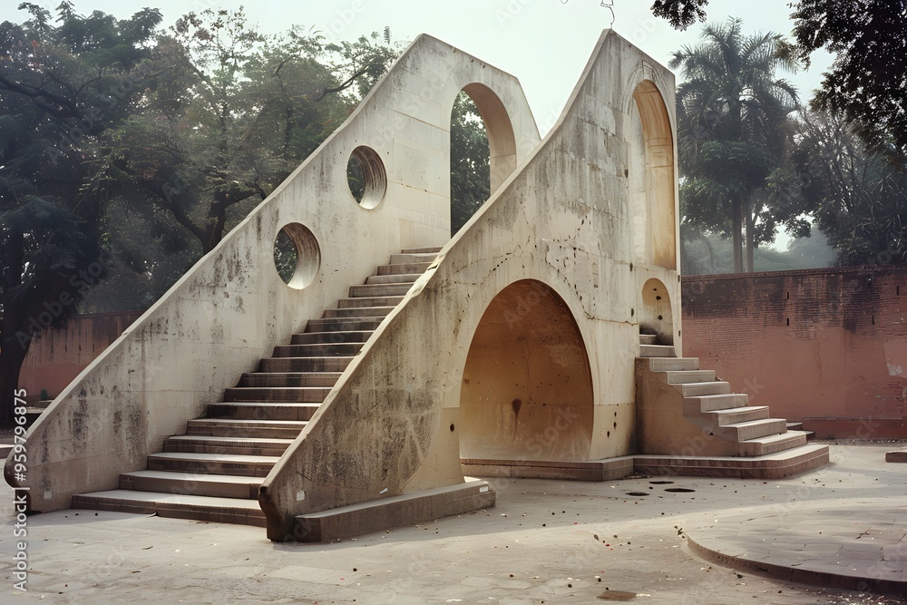 Poster unique architectural structure with curved stairs and circular openings in a park setting