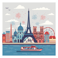 Paris Travel Scene with River Cruise Tourist Boat