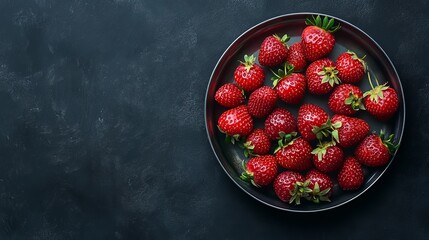 Strawberries arranged on a tin plate against a black background. Top view