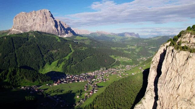 Breathtaking View From Via Ferrata Sandro Pertini Into Valley To Wolkenstein, Dolomites, South Tyrol, Italy. Aerial Shot