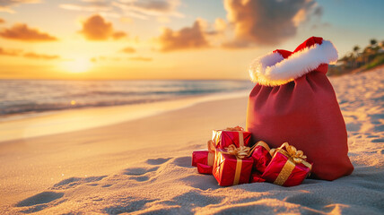 Santa Claus's large, unopened sack rests on a sandy beach at sunset, surrounded by holiday presents waiting to be discovered