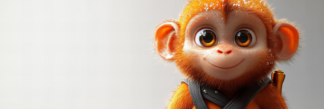 Adorable cartoon-style orange monkey with large expressive eyes, wearing a gray harness, on a white background, exuding a cheerful and playful mood.