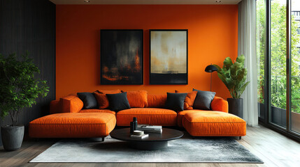 Orange furniture, highlighting the use of orange in both walls and furniture, creating a bold and cohesive design statement in a modern home