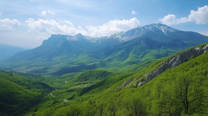Fototapeta premium The mountains of the Abruzzo region in May, with lush greenery and blooming landscapes