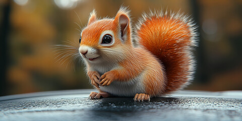 Fototapeta premium Adorable Squirrel with Big Eyes on a Rainy Day, Surrounded by a Lush Forest of Vibrant Autumn Colors in Dreamlike Atmosphere