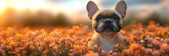 Fototapete Tierärzte Adorable French Bulldog in a field of blooming flowers against a sunset backdrop, warm tones, soft focus, serene and happy mood  © Dmitry