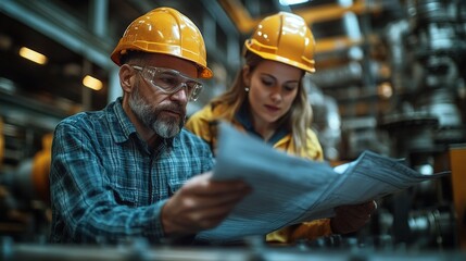 Industrial Collaboration: A seasoned engineer mentors a young colleague, their shared focus on blueprints in a bustling industrial setting underscores the power of knowledge transfer and collaboration