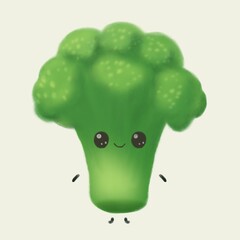 Hand-drawn Cartoon Cute Broccoli, Cute vegetable character design in doodle style, Cheerful broccoli cabbage with a face and a smile