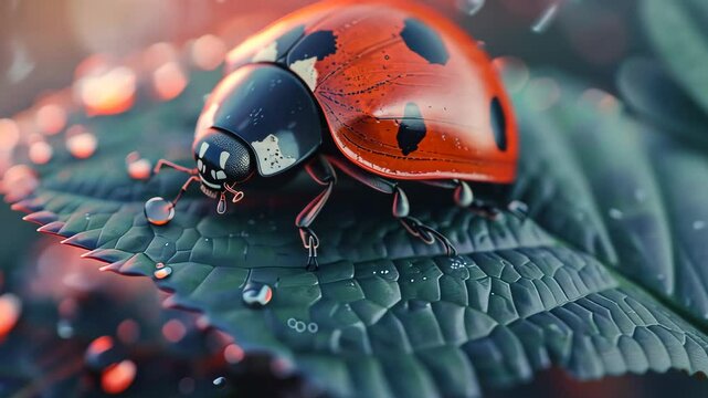 Ladybug resting on leaf with water droplets, macro perspective. Nature and wildlife photography concept