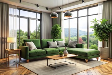 A contemporary living space boasts a comfortable green couch, sleek furniture, and expansive windows, which serve as a